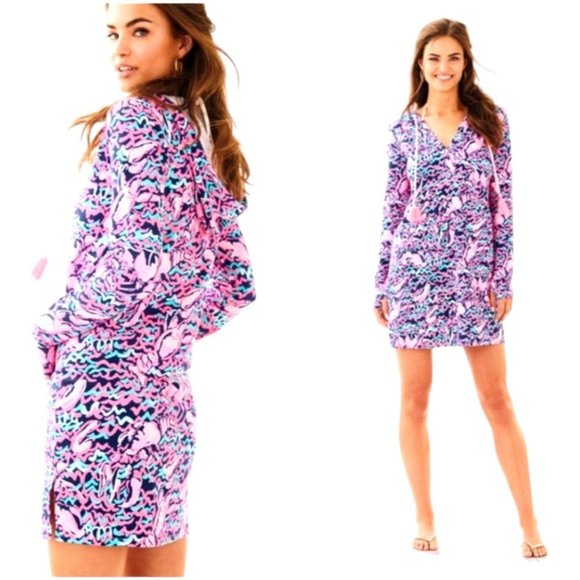 Lilly Pulitzer Dresses & Skirts - Lilly Pulitzer Navy Blue Pink Hooded Rylie Cover Up Dress Size S